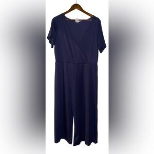 Brinia Plus Women Faux Wrap‎ Short Sleeve Jumpsuit Size 3x Blue Knit Minimalist